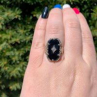 14k White Gold Floral Filigree Genuine Natural Black Onyx Diamond Ring (#J6599)