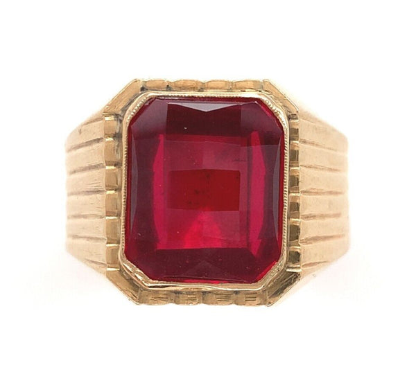 18k Yellow Gold Men's European Ring Specialty Cut Lab-Created Red Stone (#J6345)