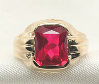 10k Yellow Gold Vintage Men's Synthetic Lab-Created Ruby Glass Ring (#J7146)