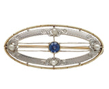 14k Yellow Gold with Platinum Top Montana Sapphire and Pearl Pin (#J6736)