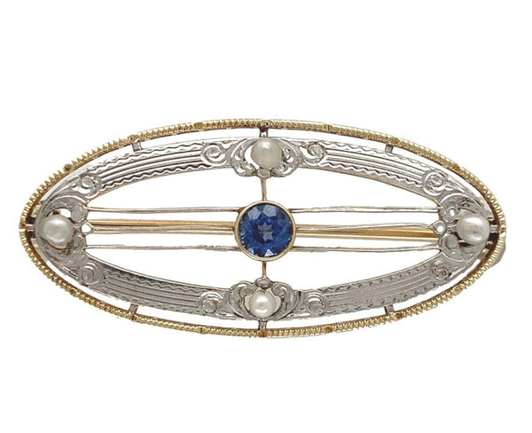 14k Yellow Gold with Platinum Top Montana Sapphire and Pearl Pin (#J6736)