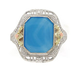 10k White Gold Filigree Genuine Natural Blue Onyx Ring w/ Gold Accents (#J6601)