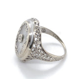 14k White Gold Genuine Natural Filigree Rock Crystal Diamond Ring (#J6206)