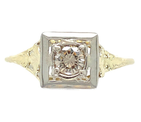 14k Gold Art Deco Filigree Ring w/Champagne Genuine Natural Diamond (#J6811)