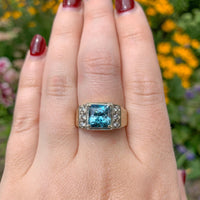 14k Gold 3.55 Carat Blue Genuine Natural Zircon Men's Ring w/ Diamonds (#J6920)