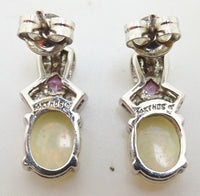 14k Gold Genuine Natural Opal Post Earrings w/ Pink Sapphire & Diamonds (#J3443)
