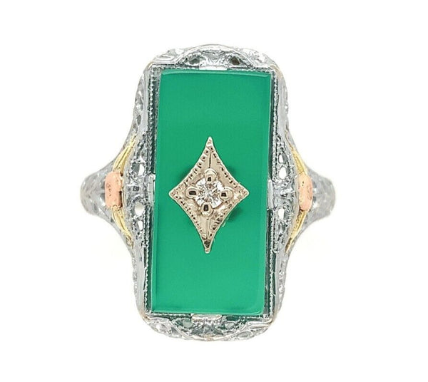 10k Gold Filigree Ring with Genuine Natural Green Onyx and Diamond Accent #J6597