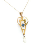 10k Yellow Gold Victorian Lavaliere Pendant with Blue Glass Pearl Drop (#J6438)