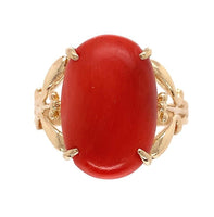 14k Yellow Gold Red/Orange Oval Genuine Natural Coral Ring Size 6.25 (#J6947)