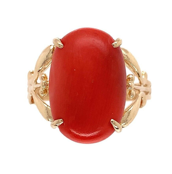 14k Yellow Gold Red/Orange Oval Genuine Natural Coral Ring Size 6.25 (#J6947)