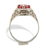 Art Deco 12k Gold Filigree Synthetic Lab-Created Ruby Ring Size 6.25 (#J7506)