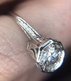 Art Deco 18k White Gold Genuine Natural Diamond Ring .34 Carat Jewelry (#J745)