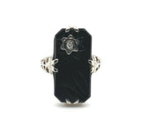 14k White Gold Art Deco Genuine Natural Black Onyx Ring w/Carved Flower (#J5413)