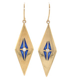 14k Yellow Gold Plique-A-Jour Blue Enamel Genuine Diamond Drop Earrings (#J7363)