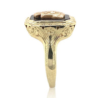 14k Yellow Gold Floral Filigree Genuine Natural Black Onyx Ring w/Emblem #J6777