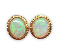 14k Yellow Gold Oval Genuine Natural Australian Opal Stud Earrings (#J7050)