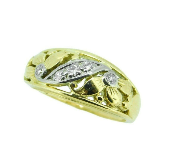 18k Yellow Gold Carved Flower Genuine Natural Diamond Ring Band (#J4690)