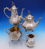 Edward John and Barnard English Victorian Sterling Tea Set 4pc w/Bird (#7677)