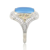 10k White Gold Filigree Genuine Natural Blue Onyx Ring w/ Gold Accents (#J6601)
