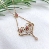 Victorian 14k Gold Heart Shaped Flower Lavaliere Necklace w/Pearls Stones #J7542