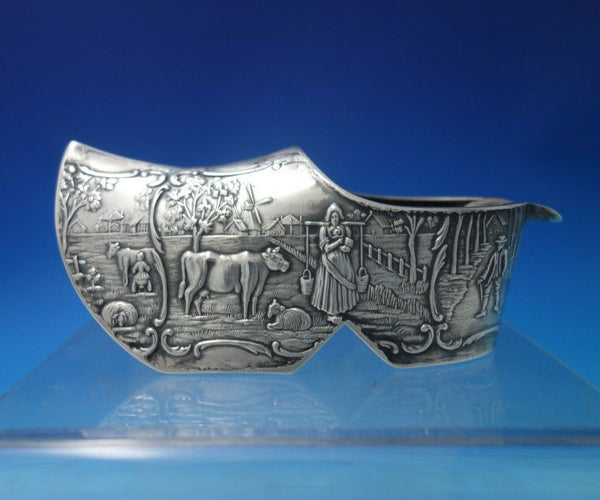 Dutch .830 Silver Ashtray Wooden Shoe Form Pastoral Scenes Cow Sheep (#6074)
