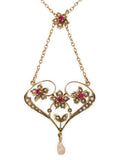 Victorian 14k Gold Heart Shaped Flower Lavaliere Necklace w/Pearls Stones #J7542
