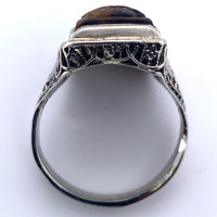14k White Gold Filigree Genuine Natural Tiger's Eye Cameo Ring (#J4989)