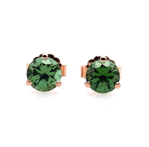 14k Rose Gold Round Green Genuine Natural Tourmaline Stud Earrings (#J5656)