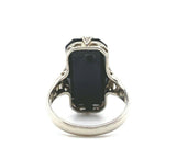 14k White Gold Art Deco Genuine Natural Black Onyx Ring w/Carved Flower (#J5413)