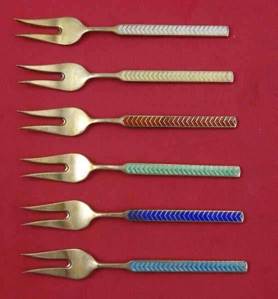 Meka Sterling Silver Cherry Fork 6-pc set 2-tine vermeil w/ enamel color 3 3/4"