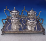 Portuguese .833 Silver Tea Set 4pc Brick Motif Roses Gothic Archway w/Tray #7213