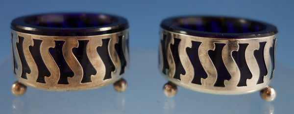 Sterling Silver Salt Dip Pair Pierced with Glass Cobalt Liners (#2538)