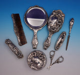 Art Nouveau Sterling Silver Vanity Set with Lilies Motif 8pc w/Monogram (#9115)