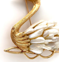 14k Yellow Gold Swan Brooch Pin with Freshwater River Pearls Jewelry (#J6236)