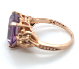 14k Rose Gold Emerald Cut Genuine Natural Amethyst Ring w/ Flowers Size 5 #J6904