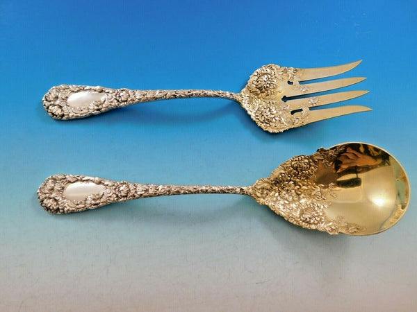 Chrysanthemum by Durgin Sterling Silver Salad Serving Set Gold Washed 8 3/4"