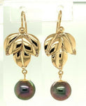 14k Yellow Gold 9mm Tahitian Pearl Leaf Earrings (#J5297)