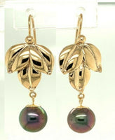 14k Yellow Gold 9mm Tahitian Pearl Leaf Earrings (#J5297)