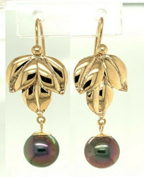 14k Yellow Gold 9mm Tahitian Pearl Leaf Earrings (#J5297)