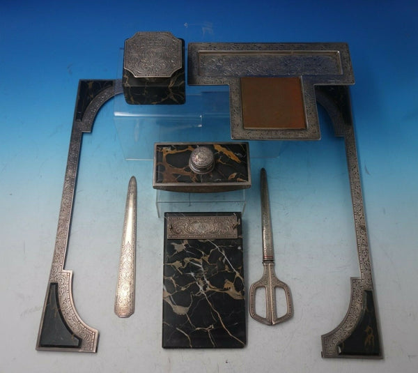 McChesney Co. Sterling Silver Desk Set 8-Piece with Marble and Granite (#5599)