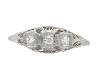 18k White Gold Three-Stone Genuine Natural Diamond Filigree Ring 8.75 (#J6821)