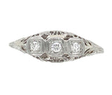 18k White Gold Three-Stone Genuine Natural Diamond Filigree Ring 8.75 (#J6821)
