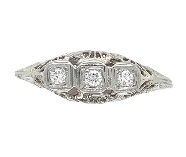 18k White Gold Three-Stone Genuine Natural Diamond Filigree Ring 8.75 (#J6821)