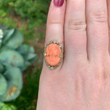 14k Gold Arts and Crafts Handwrought Genuine Natural Coral Cameo Ring  (#J7396)