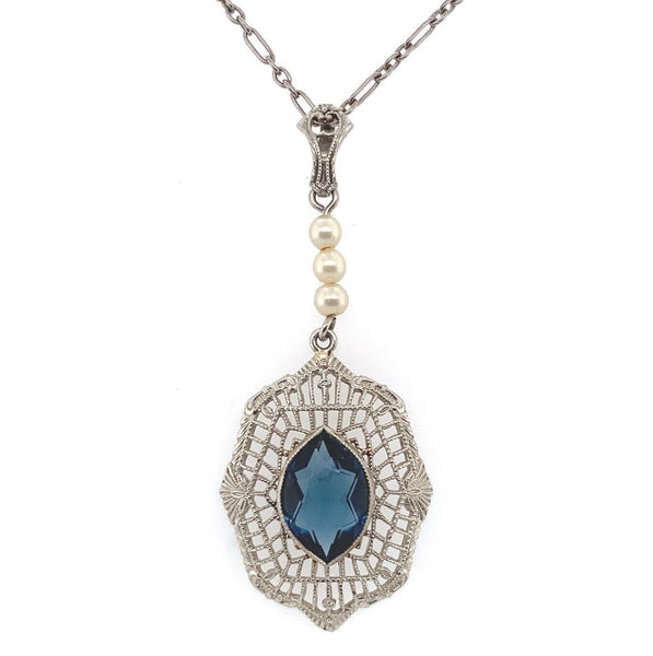 10k White Gold Filigree Art Deco Pendant with Original Paperclip Chain (#J6201)