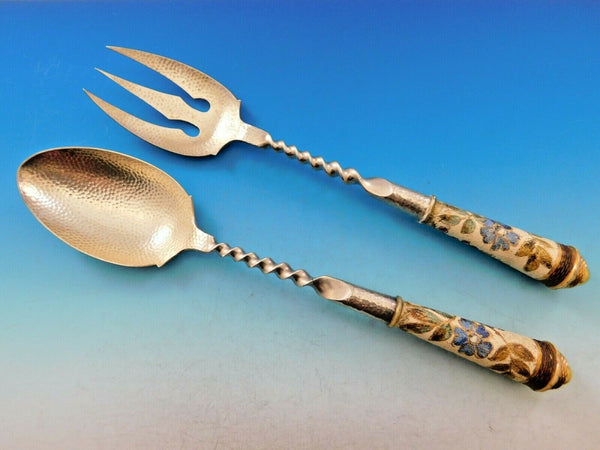 Doulton by Shreve Sterling Silver Salad Serving Set with Enamel & Porcelain 11"