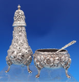 Repousse by Kirk Sterling Silver Open Salt Pepper Shaker & Spoon Set 3-pcs #8365