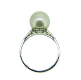 Art Deco 18k Gold 9mm Tahitian Grey Pearl Ring w/ Lab-Created Sapphires (#J4577)