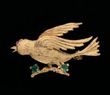 14k Yellow Gold Pin of Bird on a Branch with Genuine Natural Chalcedony (#J6013)