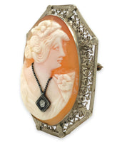 14k Gold Shell Cameo Pin Pendant Art Deco Filigree Frame with Diamond (#J6888)